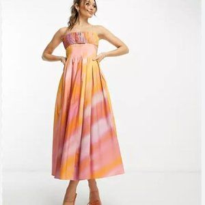 ASOS DESIGN cotton structured midi dress with ruched bust and pleat skirt